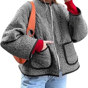 Yousify Womens Crew Neck Quilted Plaid Jacket Full Zipper Jacket Black Gingham S